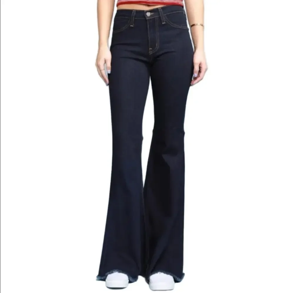 Judy Blue High Rise Super Flare Leg Raw Hem Dark Wash Stretch Denim Jean